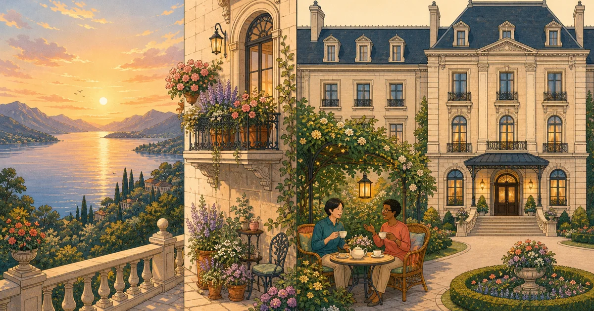 beautiful・pretty・lovely・handsomeの違いを、幅広い美・繊細さ・心地よさ・均整と品格で示す図