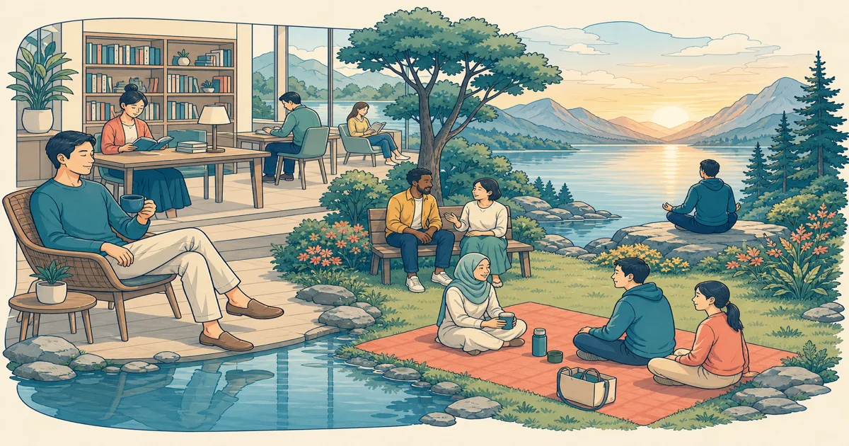 calm・quiet・peaceful・sereneの違いを、落ち着いた人・静かな部屋・平和な公園・澄んだ湖で示す図