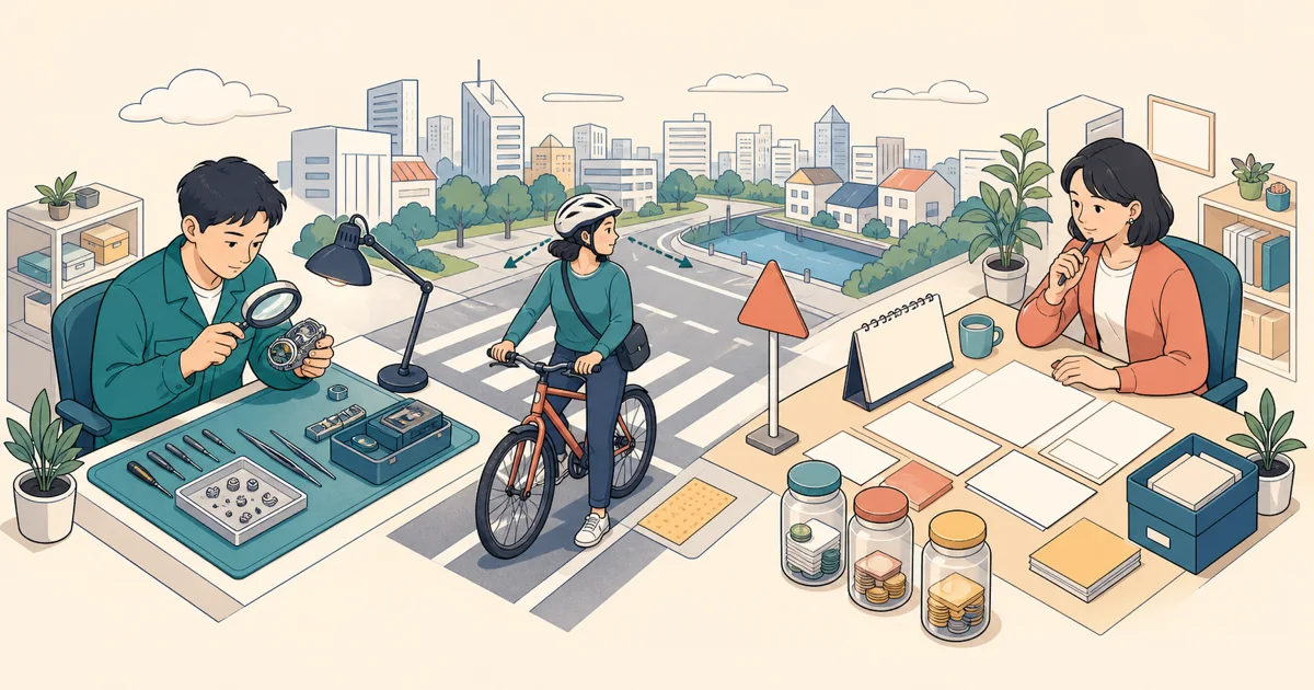 careful・cautious・prudentの違いを、丁寧な作業・危険を避ける運転・将来を考えた計画で示す図