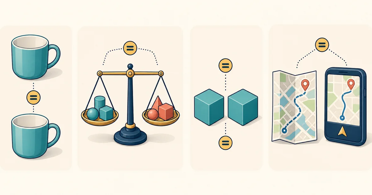 same・equal・identical・equivalentの違いを、同じ物・等しい量・同一形状・同等機能で示す図