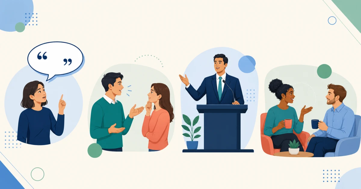 say・tell・speak・talkの違いを、引用・情報伝達・講演・会話の場面で示すイラスト