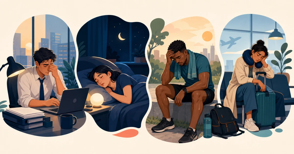 tired・sleepy・exhausted・wearyの違いを、休息・眠気・極度の消耗・長旅の疲れで示す図